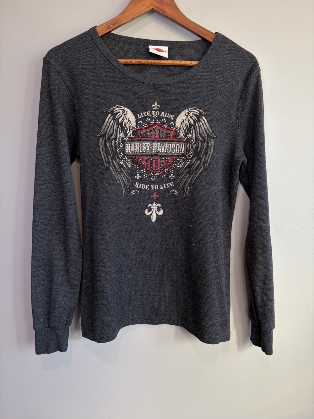 Y2K HarleyDavidson Charcoal Gray Waffle Knit Rhinestone Long Sleeve Women XL
